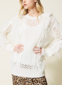 TWINSET Milano MAXI JUMPER WITH CABLE KNIT AND FEATHERS - 222TP3090 - Tadolini Abbigliamento